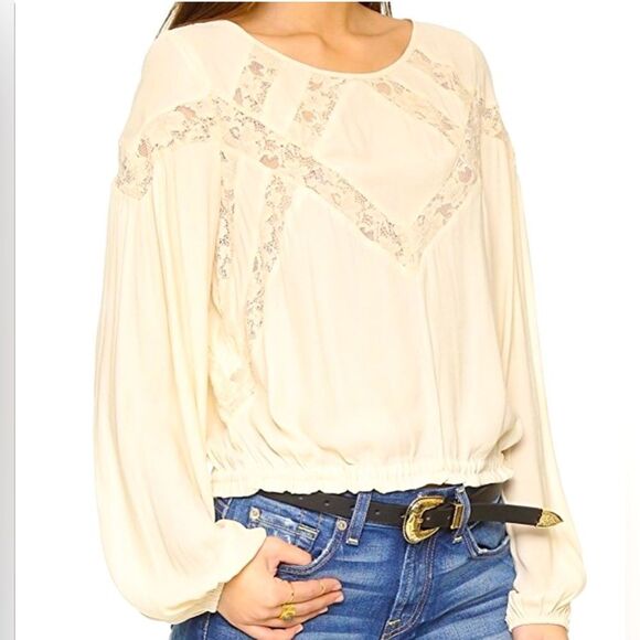 Free People Tops - Free People Cream Lace Trim Peasant Balloon Sleeve Blouse S